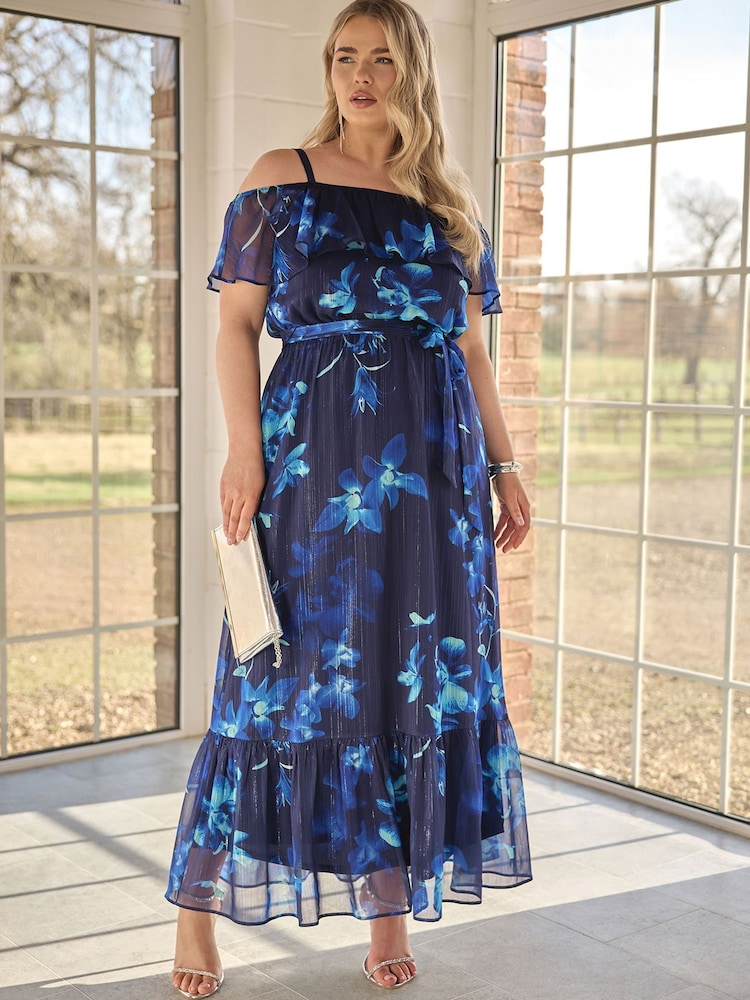 Yours Curve Blue London Ruffle Maxi Dress - Image 1 of 6