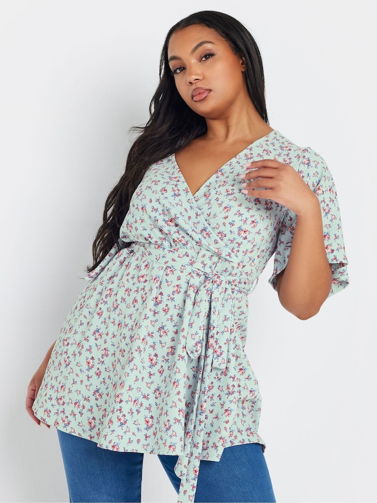 Azul - Yours Curve Floral Wrap Textured Top - Imagen 1 de 5