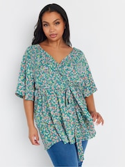 Azul oscuro - Yours Curve Floral Wrap Textured Top - Imagen 1 de 5