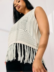 Yours Curve Natural Crochet Fringe Patch Vest - Image 4 of 5
