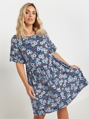 Yours Curve Blue Floral Frill Dress - Image 1 of 5