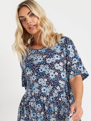 Yours Curve Blue Floral Frill Dress - Image 4 of 5