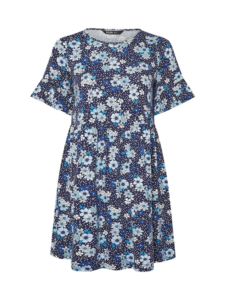 Yours Curve Blue Floral Frill Dress - Image 5 of 5