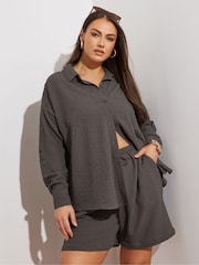 Marrón - Yours Curve Texutre Co-Ord Long Sleeve Shirt - Imagen 2 de 10