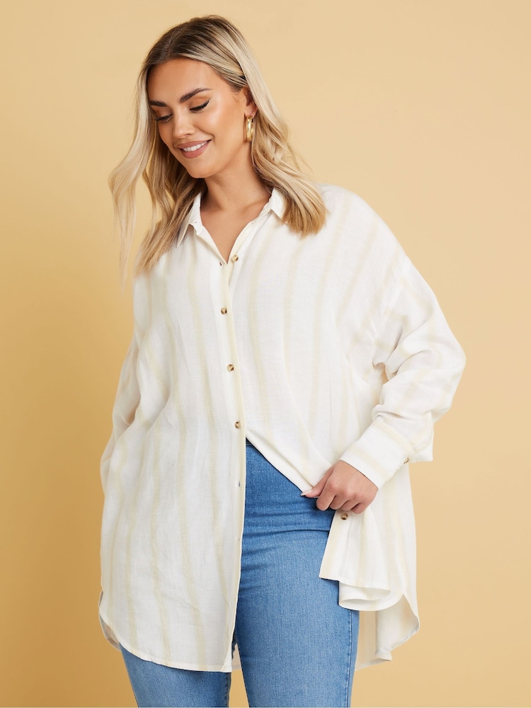 Yours Curve Natural Long Sleeve Linen Stripe Shirt - Image 1 of 5