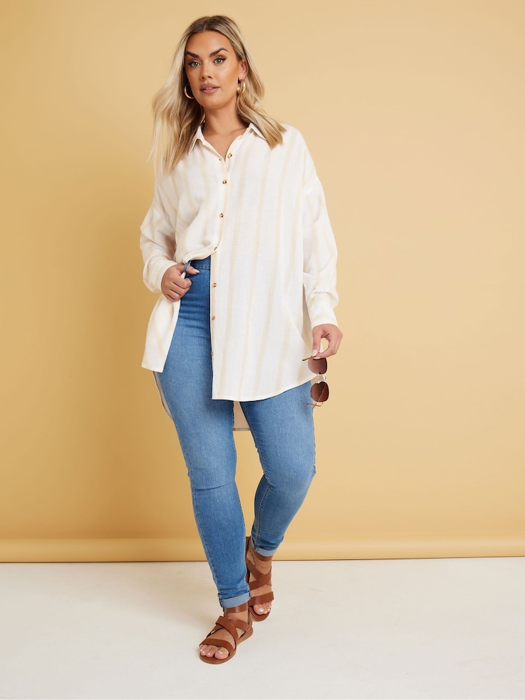 Yours Curve Natural Long Sleeve Linen Stripe Shirt - Image 2 of 5 Yours Curve Natural Long Sleeve Linen Stripe Shirt - Image 2 of 5