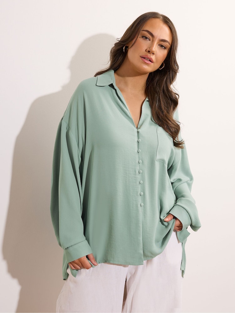 Yours Curve Green Oversized Slit Hem Shirt - Image 1 of 6 Yours Curve Green Oversized Slit Hem Shirt - Image 1 of 6