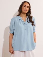 Yours Curve Blue Frill Collar Tie Blouse - Image 1 of 5