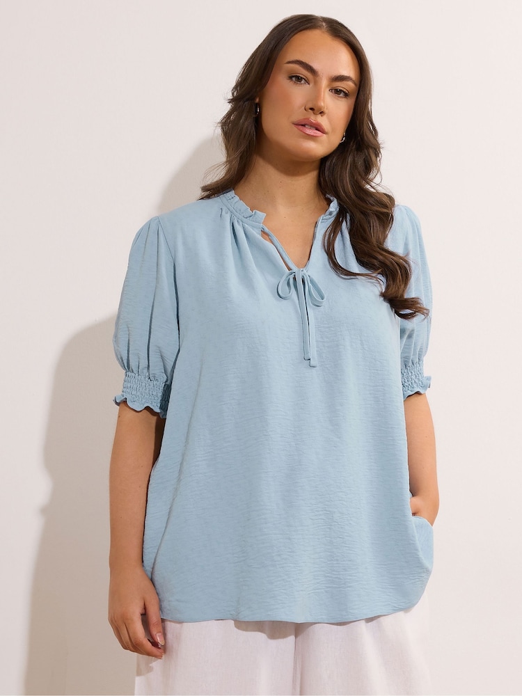Yours Curve Blue Frill Collar Tie Blouse - Image 1 of 5