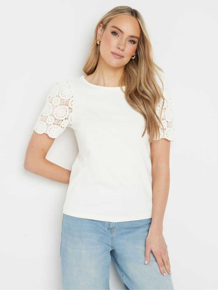 Blanco - Long Tall Sally 100% Cotton Crochet Sleeve T-Shirt - Imagen 1 de 5 Blanco - Long Tall Sally 100% Cotton Crochet Sleeve T-Shirt - Imagen 1 de 5