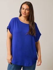Yours Curve Blue Turn Back Button Detail Blouse - Image 1 of 5