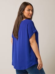 Yours Curve Blue Turn Back Button Detail Blouse - Image 2 of 5