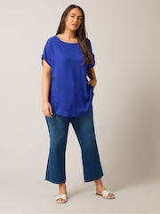 Yours Curve Blue Turn Back Button Detail Blouse - Image 4 of 5