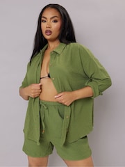 Yours Curve Green Texutre Co-Ord Long Sleeve Shirt - Image 2 of 8