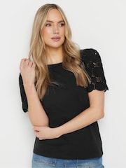 Negro - Long Tall Sally 100% Cotton Crochet Sleeve T-Shirt - Imagen 1 de 5