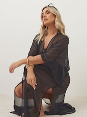 Yours Curve Black Chiffon Maxi Kimono - Image 3 of 6
