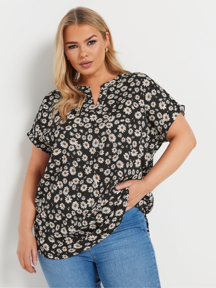 Yours Curve Black Notch Neck Texture T-Shirt - Image 1 of 5 Yours Curve Black Notch Neck Texture T-Shirt - Image 1 of 5