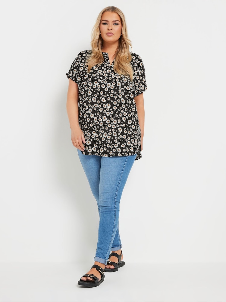Yours Curve Black Notch Neck Texture T-Shirt - Image 2 of 5