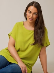 Yours Curve Light Green Turn Back Button Detail Blouse - Image 4 of 5