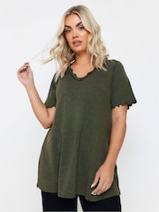 Yours Curve Green Slub Sleeve Lace Insert T-Shirt - Image 1 of 5