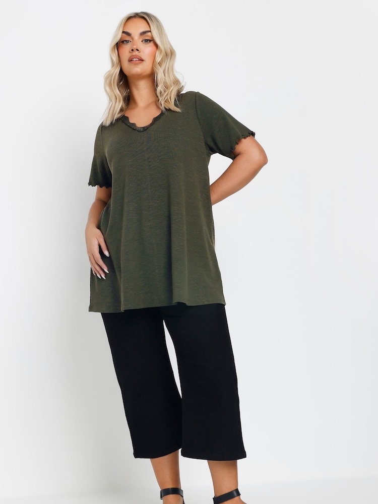 Yours Curve Green Slub Sleeve Lace Insert T-Shirt - Image 2 of 5