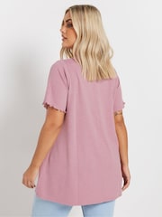 Yours Curve Pink Slub Sleeve Lace Insert T-Shirt - Image 3 of 5