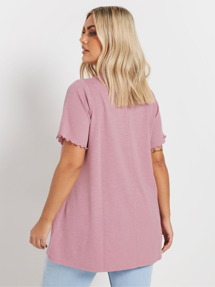 Yours Curve Pink Slub Sleeve Lace Insert T-Shirt - Image 3 of 5