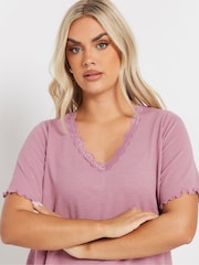 Yours Curve Pink Slub Sleeve Lace Insert T-Shirt - Image 4 of 5