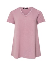 Yours Curve Pink Slub Sleeve Lace Insert T-Shirt - Image 5 of 5