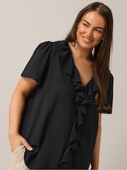 Yours Curve Black Frill Front Blouse - Image 4 of 5