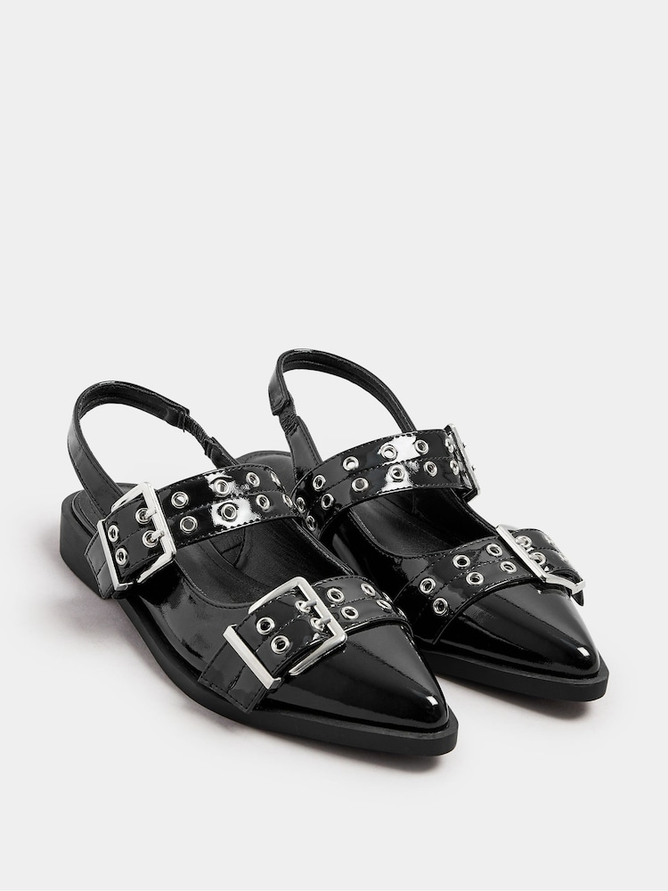 Yours Curve Black Wide Fit Flat Point Buckle Patent Shoes - Image 1 of 4