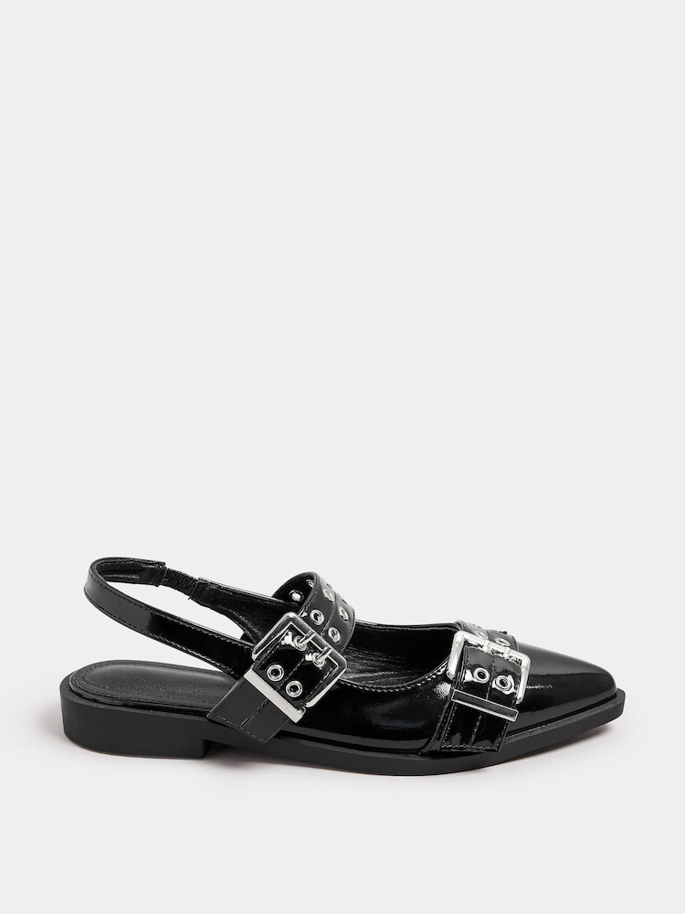 Yours Curve Black Wide Fit Flat Point Buckle Patent Shoes - Image 2 of 4