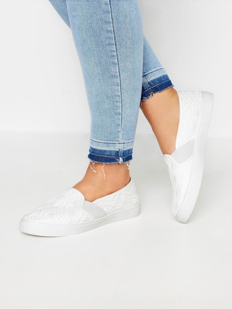 Yours Curve White Wide Fit Broderie Anglaise Slip-On Trainers - Image 1 of 6