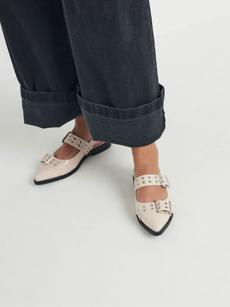 Yours Curve White Wide Fit Flat Point Buckle Patent Shoes - Image 1 of 6