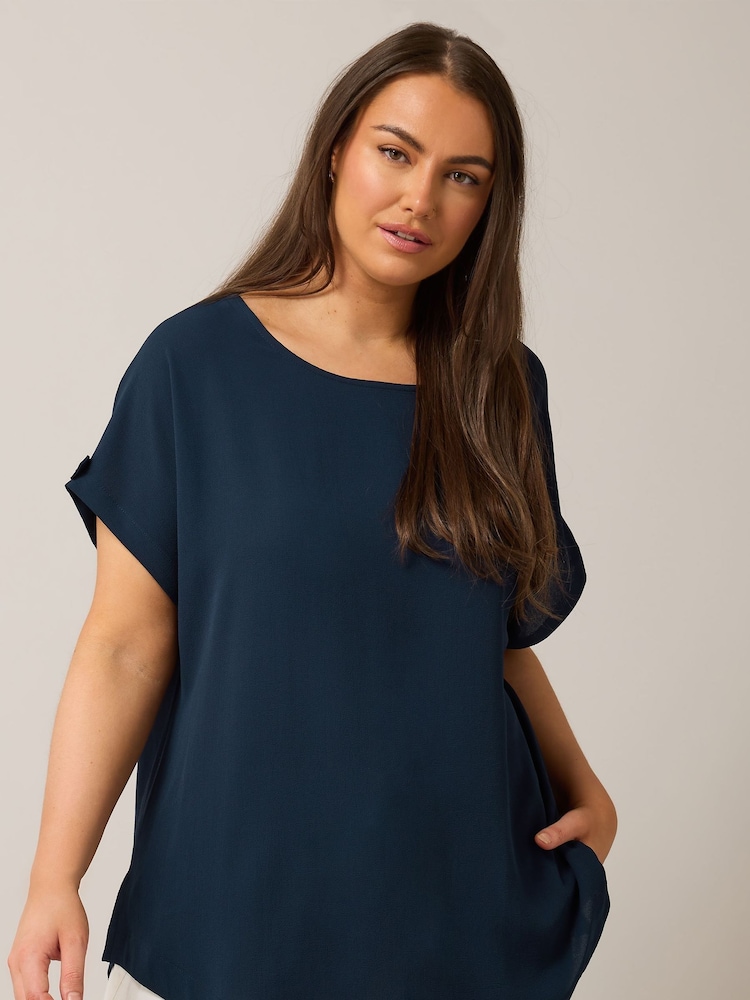 Yours Curve Blue Turn Back Button Detail Blouse - Image 1 of 4