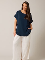 Yours Curve Blue Turn Back Button Detail Blouse - Image 2 of 4