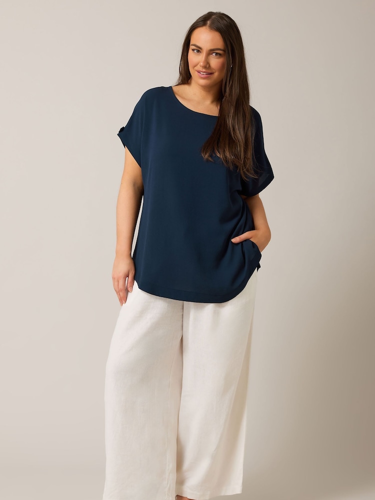 Yours Curve Blue Turn Back Button Detail Blouse - Image 2 of 4