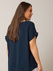 Yours Curve Blue Turn Back Button Detail Blouse - Image 3 of 4