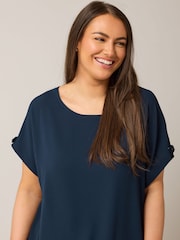 Yours Curve Blue Turn Back Button Detail Blouse - Image 4 of 4
