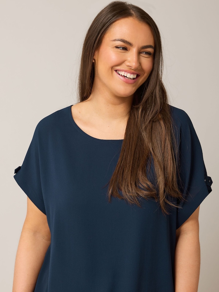 Yours Curve Blue Turn Back Button Detail Blouse - Image 4 of 4