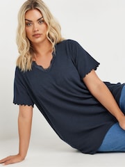 Yours Curve Blue Slub Sleeve Lace Insert T-Shirt - Image 1 of 9