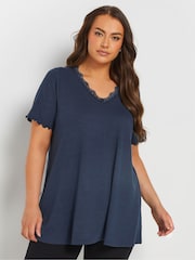 Yours Curve Blue Slub Sleeve Lace Insert T-Shirt - Image 2 of 9