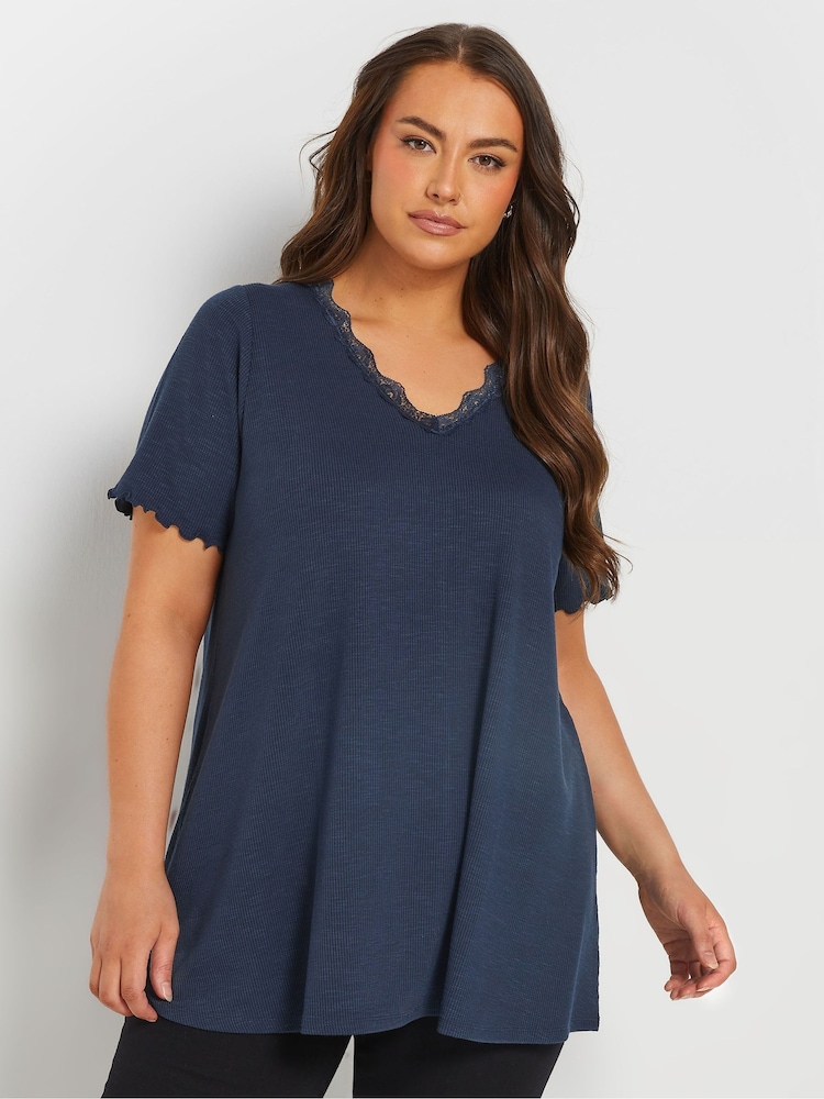 Yours Curve Blue Slub Sleeve Lace Insert T-Shirt - Image 2 of 9