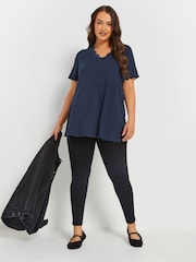 Yours Curve Blue Slub Sleeve Lace Insert T-Shirt - Image 3 of 9