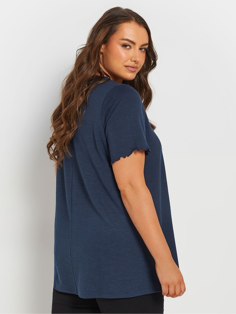 Yours Curve Blue Slub Sleeve Lace Insert T-Shirt - Image 4 of 9