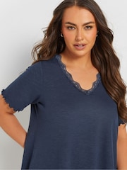 Yours Curve Blue Slub Sleeve Lace Insert T-Shirt - Image 5 of 9