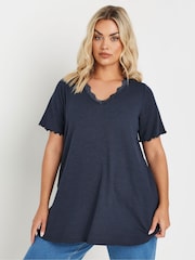 Yours Curve Blue Slub Sleeve Lace Insert T-Shirt - Image 6 of 9