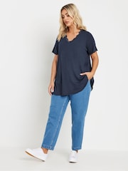 Yours Curve Blue Slub Sleeve Lace Insert T-Shirt - Image 7 of 9