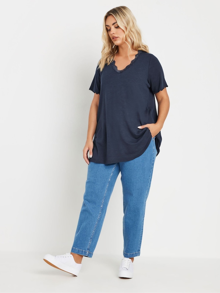 Yours Curve Blue Slub Sleeve Lace Insert T-Shirt - Image 7 of 9