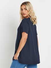 Yours Curve Blue Slub Sleeve Lace Insert T-Shirt - Image 8 of 9